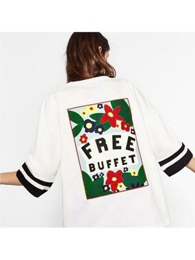 ZARA Graphic T-Shirt Trafaluc Bloggers Favorite Free Buffet Tee S